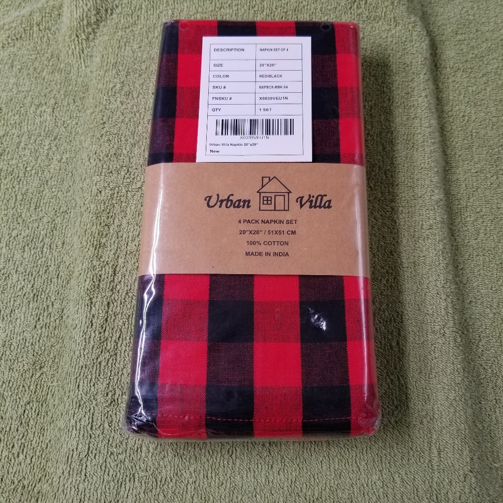 Urban Villa New‎ 4 Pack Napkin Set Red & Black Buffalo Plaid 20" x 20" Cotton